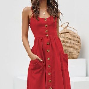 Red midi strapless dress with pockets